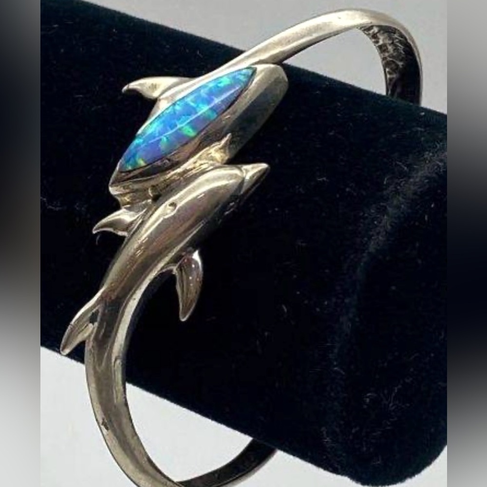 Native American Ted Ott Vintage Sterling Silver Opal Dolphin Cuff